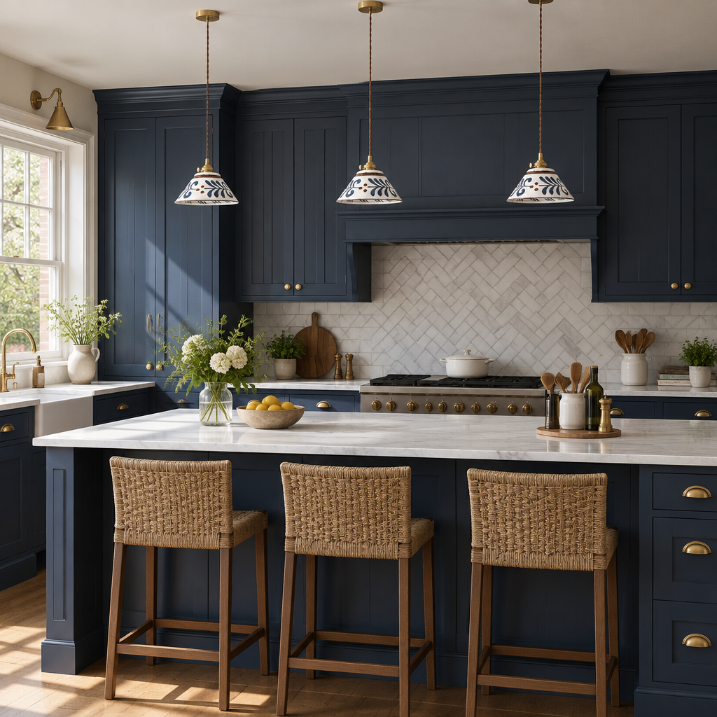 Three Cend Blue Berry hand-painted ceramic pendant lights above a kitchen island in a modern British navy Shaker kitchen