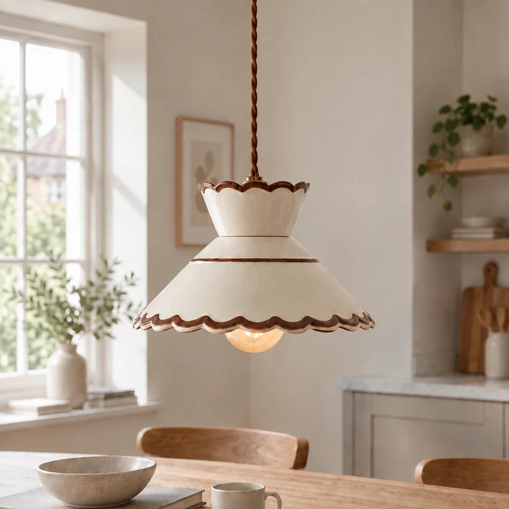 Cend Ivory Scallop hand-painted ceramic pendant light, 24.5cm shade, centered, in a modern British minimalist kitchen