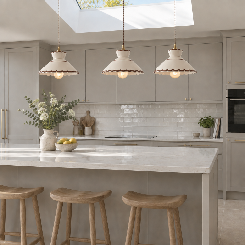 Three Cend Ivory Scallop hand-painted ceramic pendant lights, 24.5cm shades, above a kitchen island in a modern British minimalist contemporary kitchen