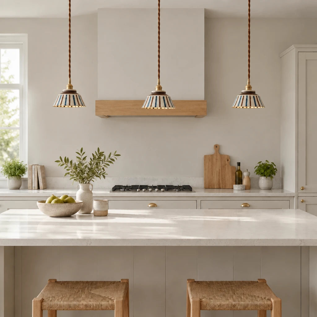 Three Cend hand-painted striped ceramic pendant lights with copper fixtures above a kitchen island in a modern British minimalist kitchen