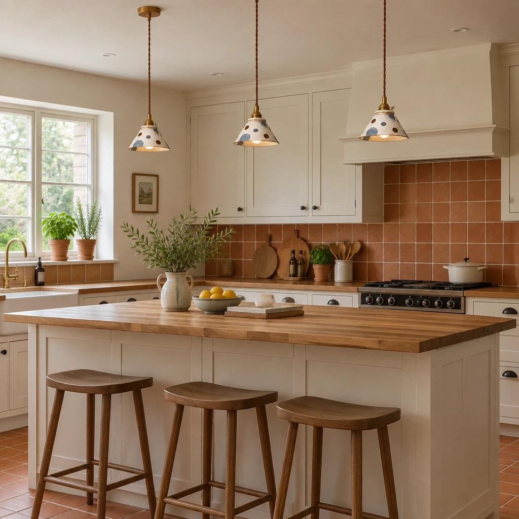 Three Cend Polka hand-painted ceramic pendant lights with copper fixtures above a kitchen island in a modern British minimalist cottage kitchen