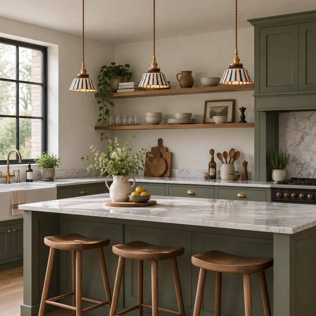 Three Cend hand-painted striped ceramic pendant lights with copper fixtures above a kitchen island in a modern British minimalist sage green kitchen