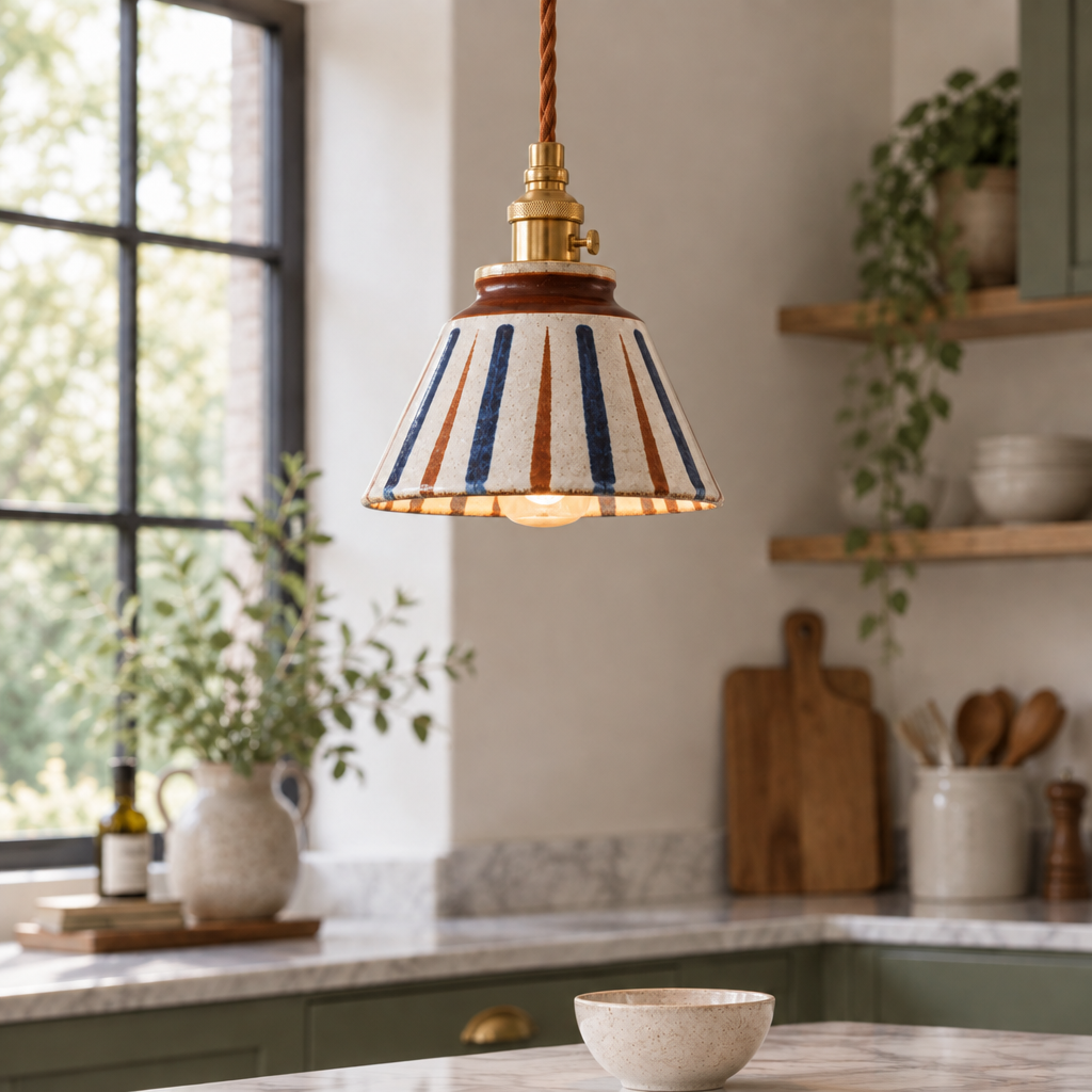 Cend Sunburst Lines hand-painted ceramic pendant light, centered, in a modern British minimalist kitchen