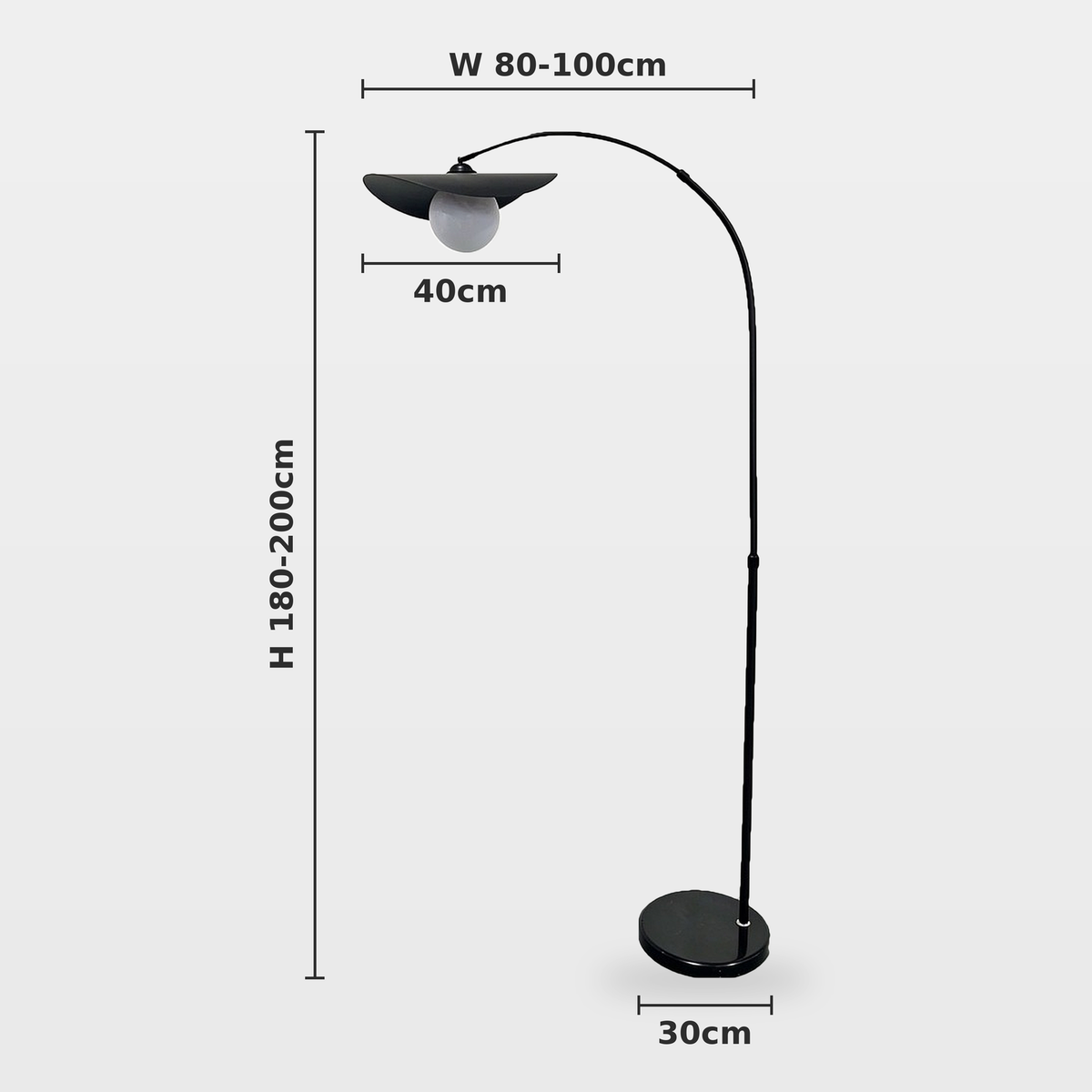 Clent black arc floor lamp dimensions: width 80-100cm, total height 180-200cm, shade 40cm and base 30cm