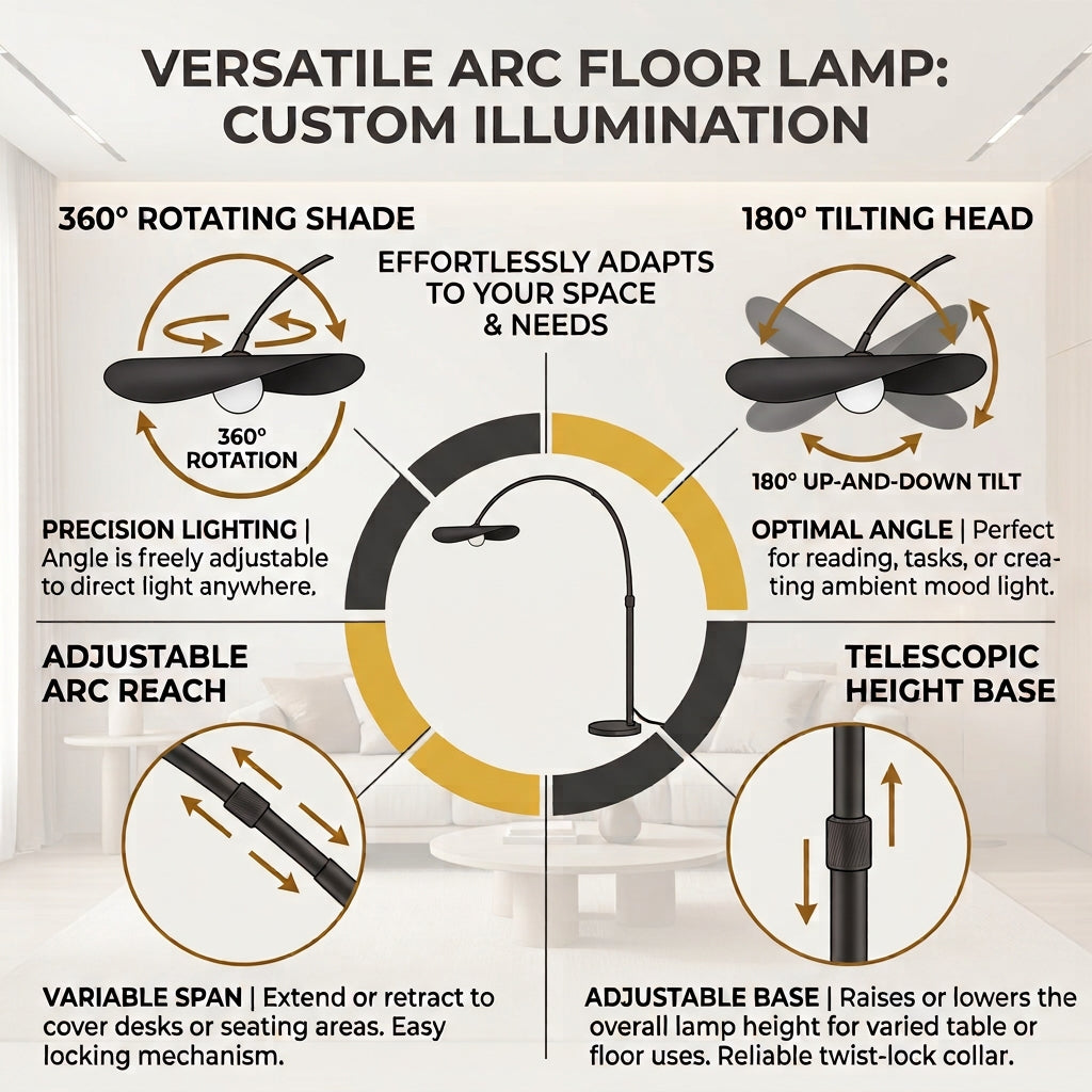 Infographic showing the Clent arc floor lamp 360° rotating shade, 180° tilting head, adjustable arc reach and telescopic height base