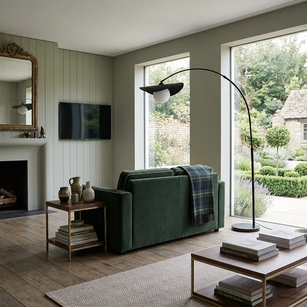 Clent black arc floor lamp beside a dark green sofa and a large window overlooking a garden