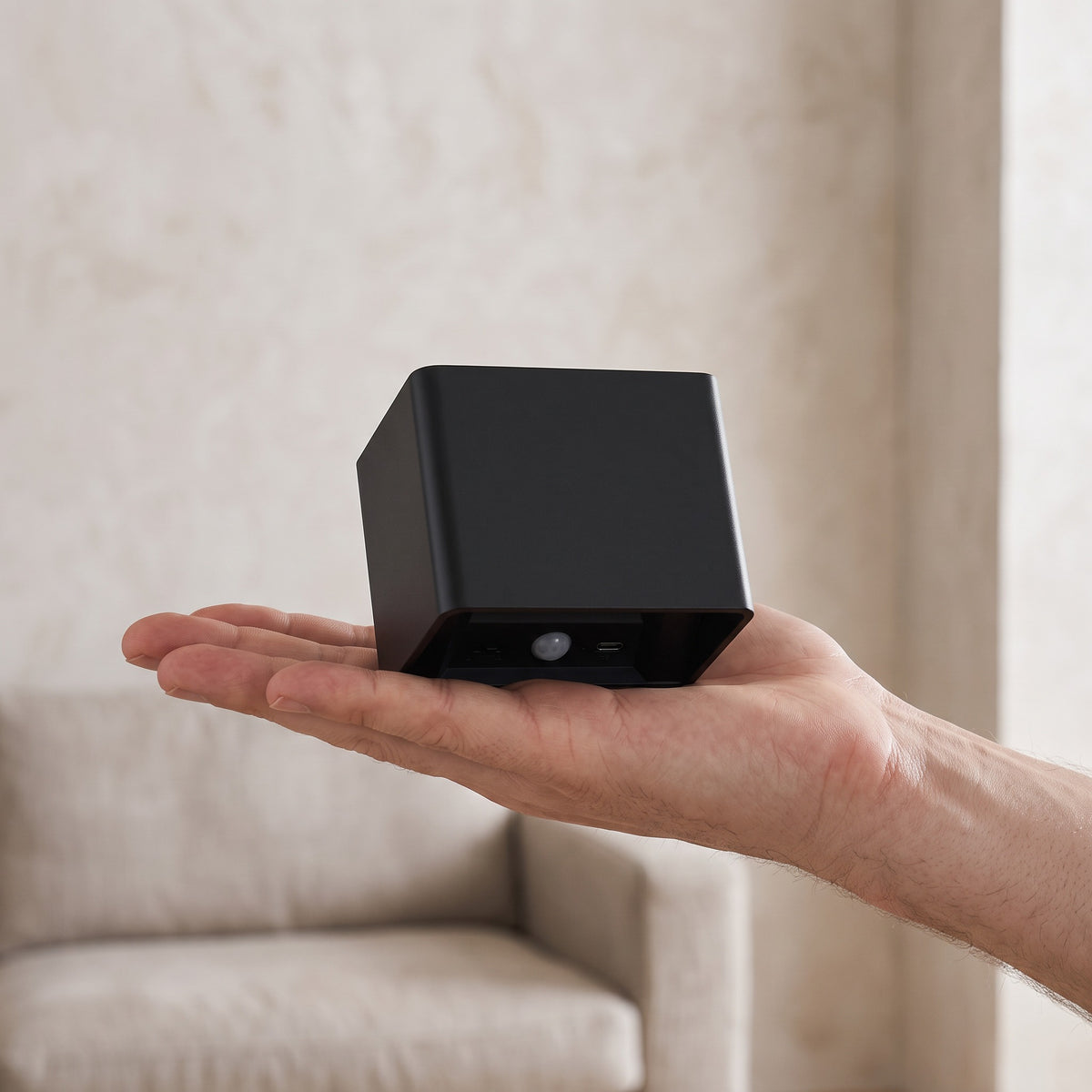 Cubo black cube wall light held in an open palm to show its compact size of about 10cm wide