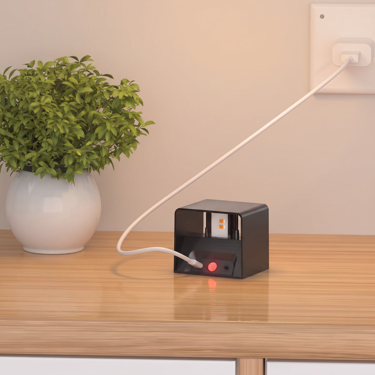 Cubo black cube wall light charging on a wooden table with a USB-C cable plugged in and a red indicator light on