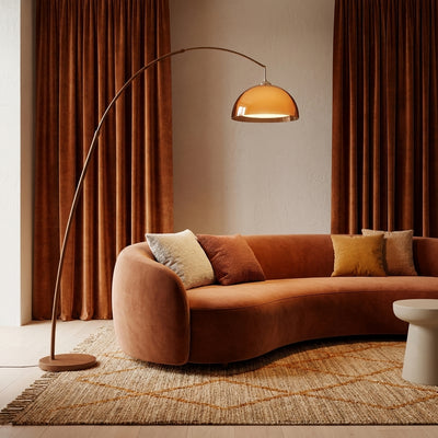Dalzi - Mid-Century Arc Floor Lamp - Walnut & Amber Dome Standing Light