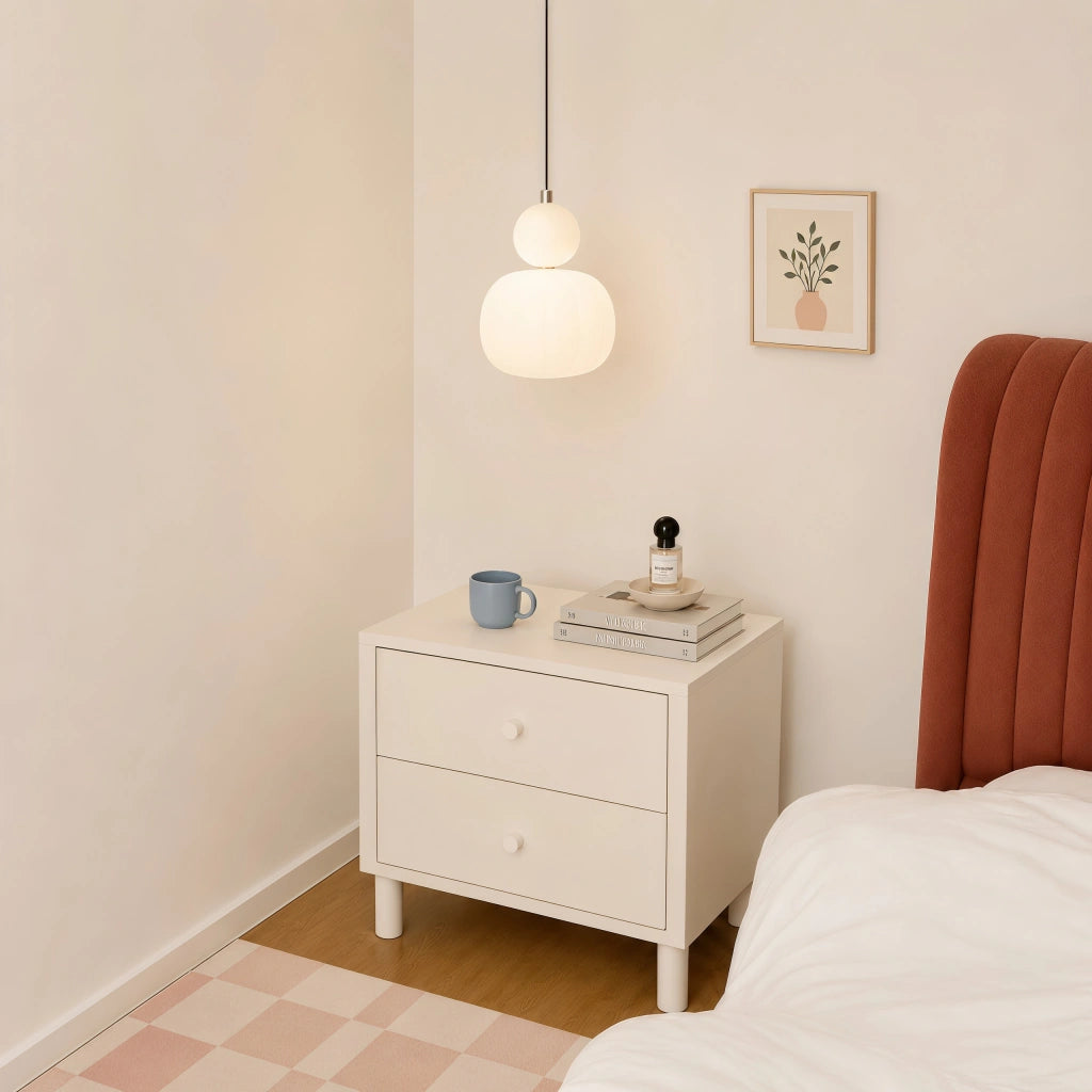 Beige debz Bauhaus pendant styled as an elegant, space-saving bedside reading light