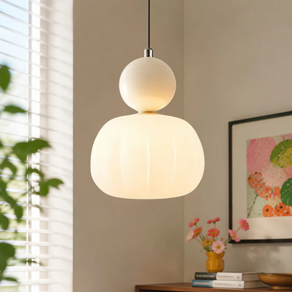 Beige debz Bauhaus macaron pendant light providing warm, diffused illumination in a modern room