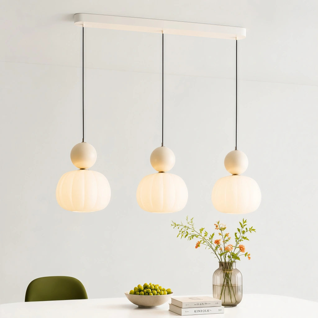 Beige three-head debz linear pendant cluster offering a soft, creamy minimalist aesthetic