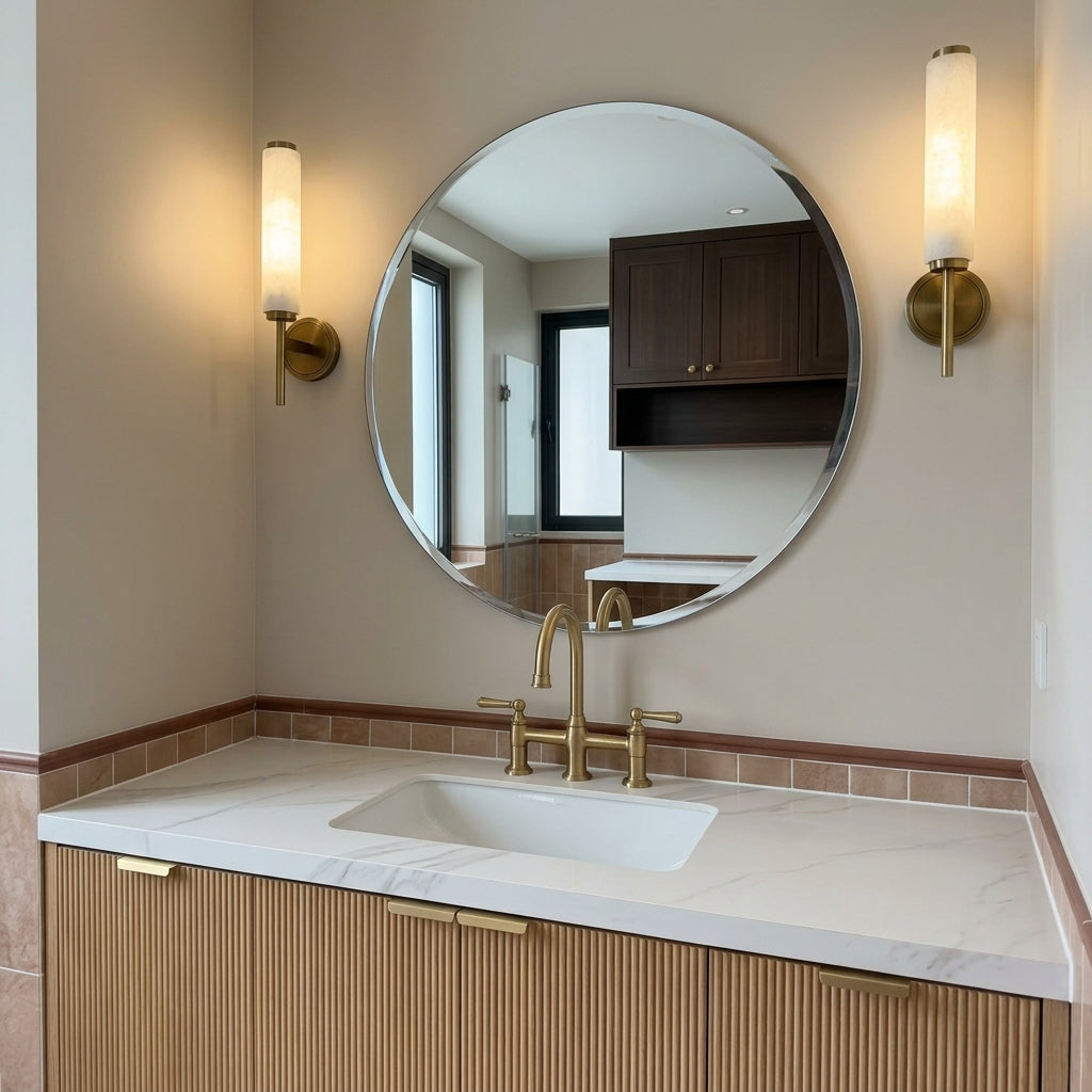 Dern alabaster wall sconce pair flanking round mirror bathroom vanity