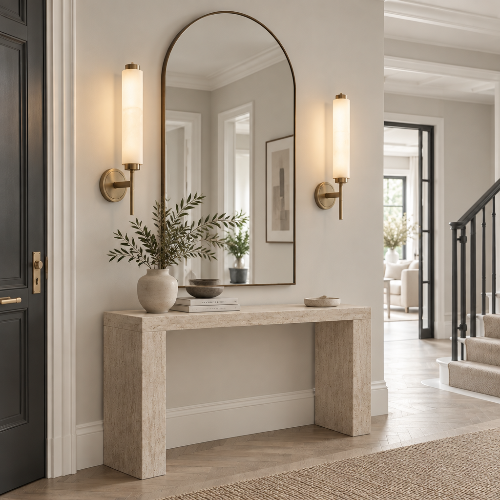 Dern alabaster wall sconce pair flanking hallway mirror console