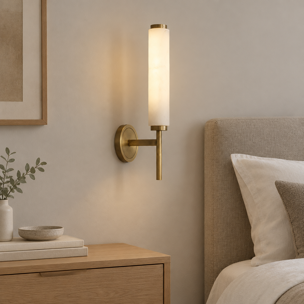Dern alabaster wall sconce single head brushed brass bedroom lifestyle