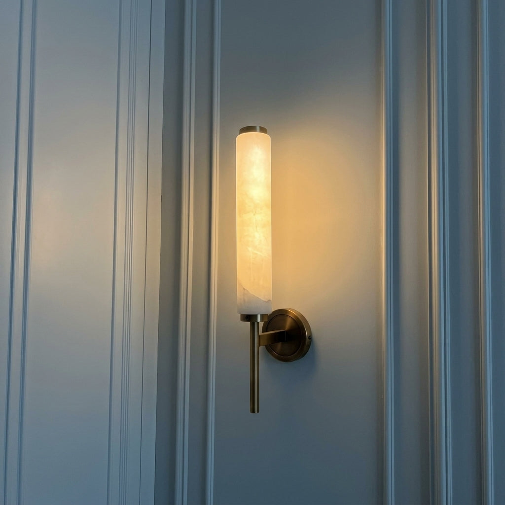 Dern alabaster wall sconce single head on panelled wall evening glow