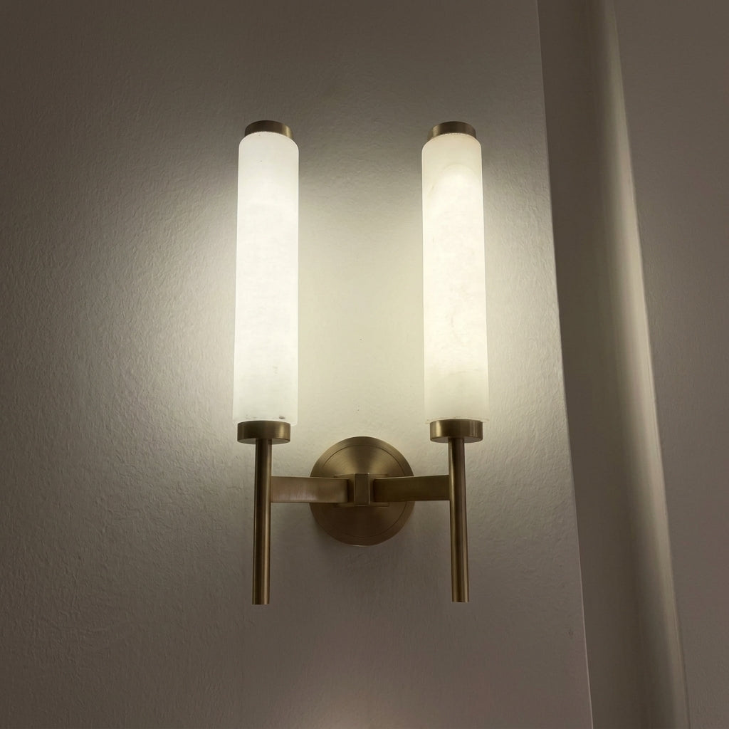 Dern alabaster wall sconce two head close up evening glow