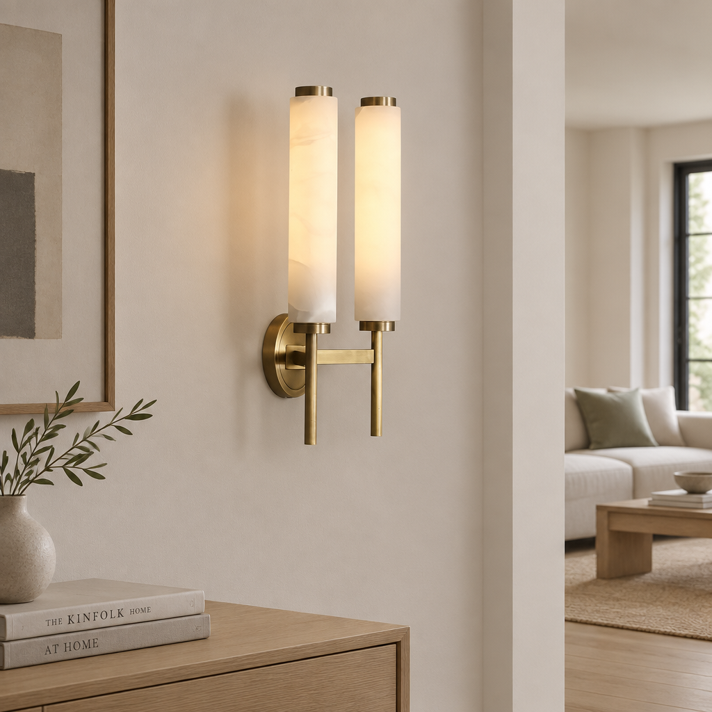 Dern alabaster wall sconce two head brushed brass living room lifestyle