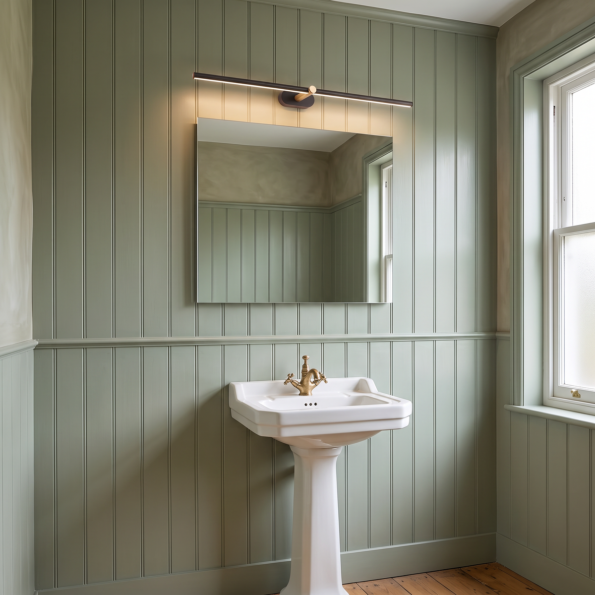 Doven black 68 cm linear LED wall light above a small mirror and pedestal basin in a sage green panelled British cloakroom