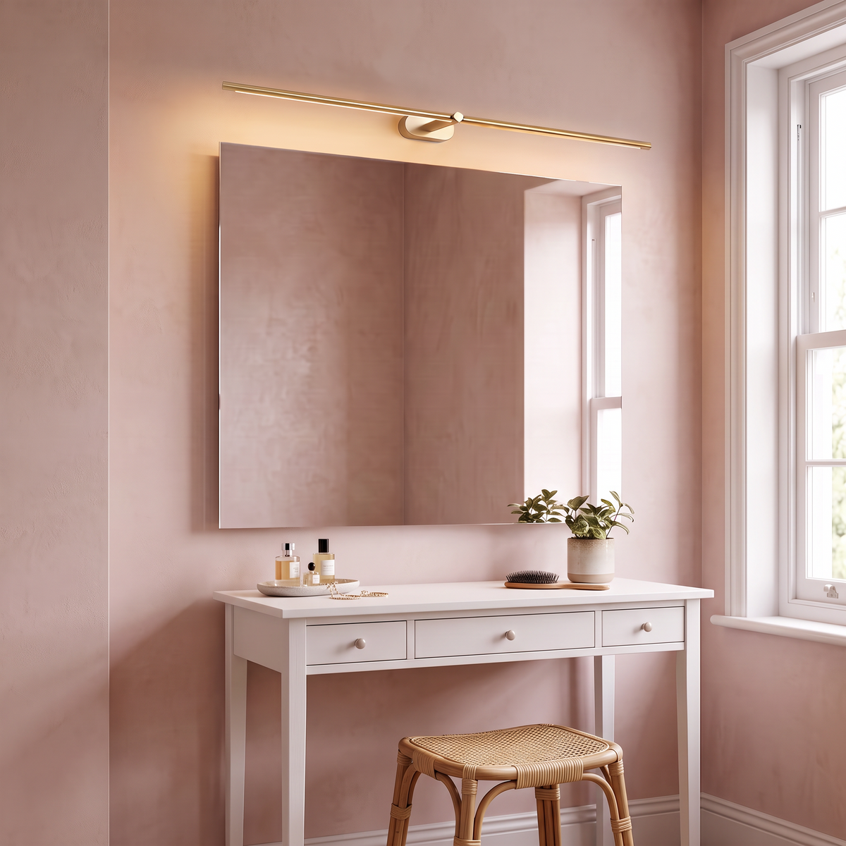 Doven gold-finish 68 cm linear LED wall light above a mirror and white dressing table in a dusty pink British bedroom