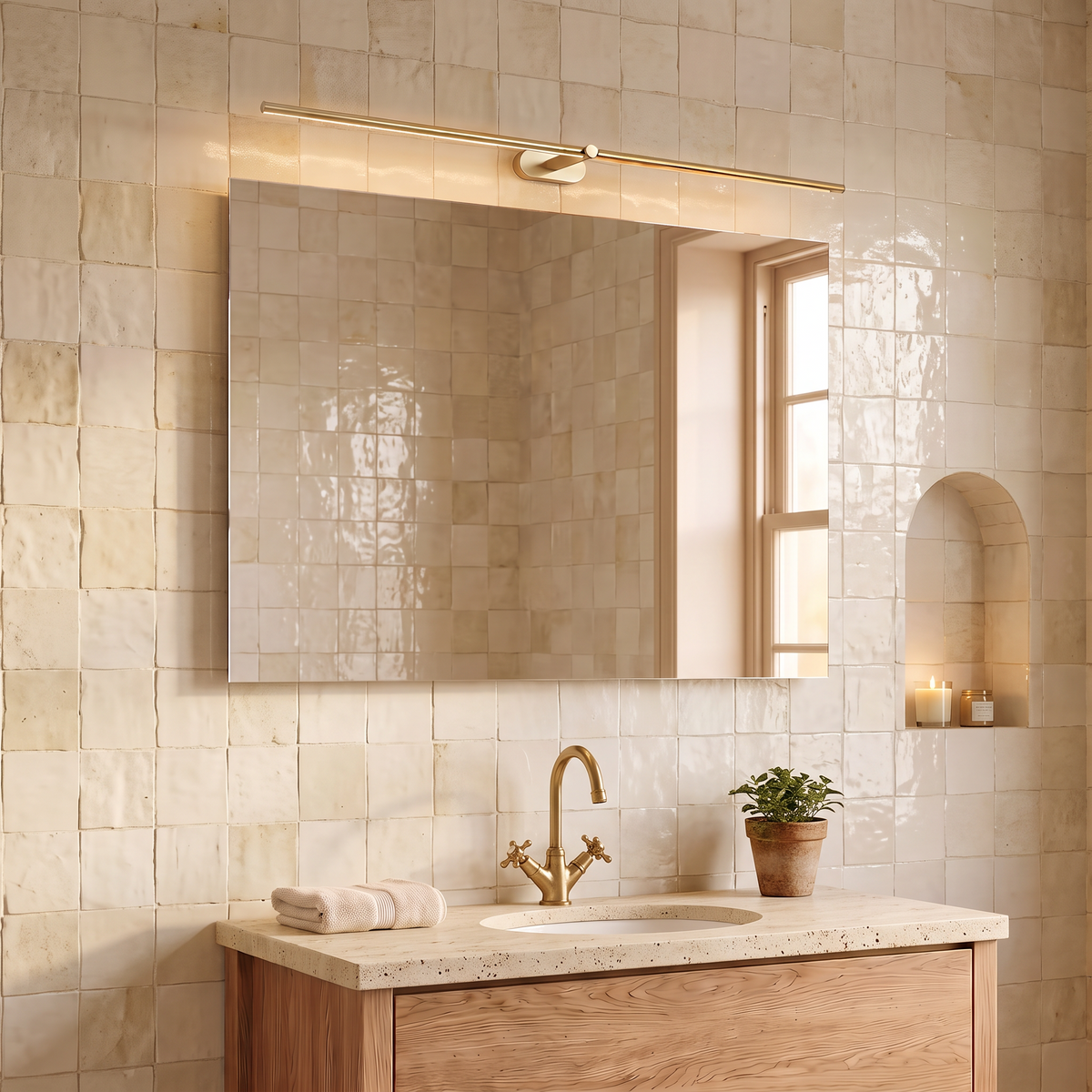 Doven gold-finish 98 cm linear LED wall light above a mirror and oak vanity in a cream tiled British bathroom