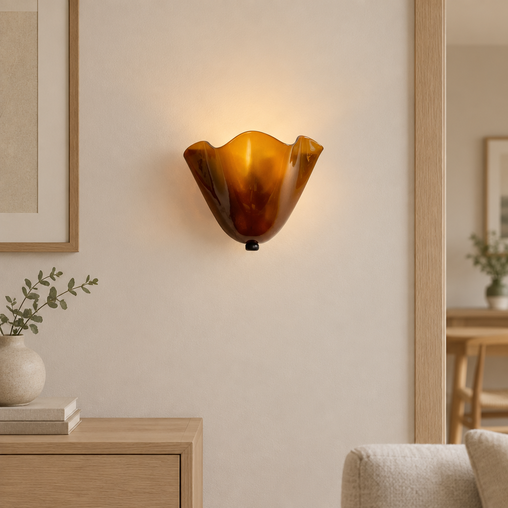 Drel amber tulip glass wall sconce, modern British doorway