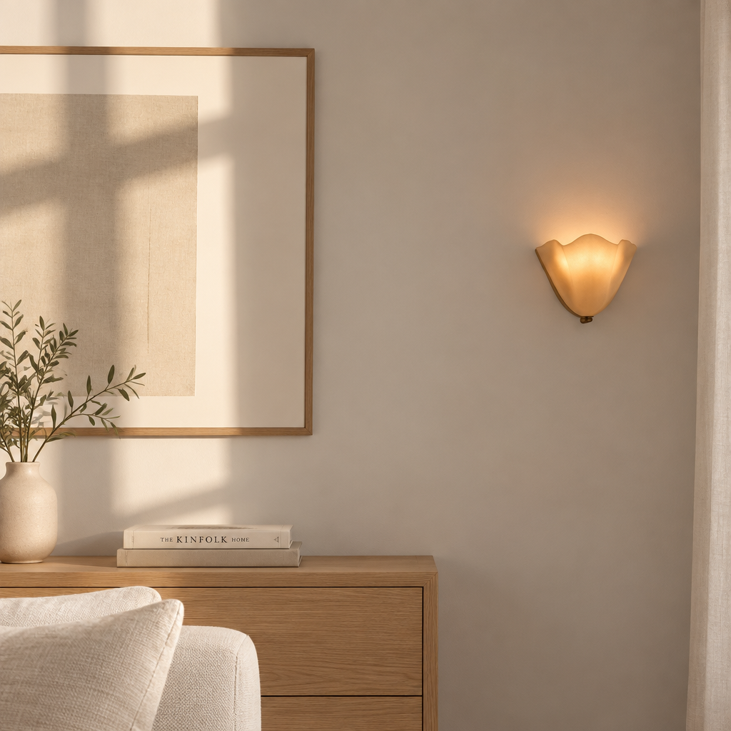 Drel beige tulip glass wall sconce, modern British bedroom