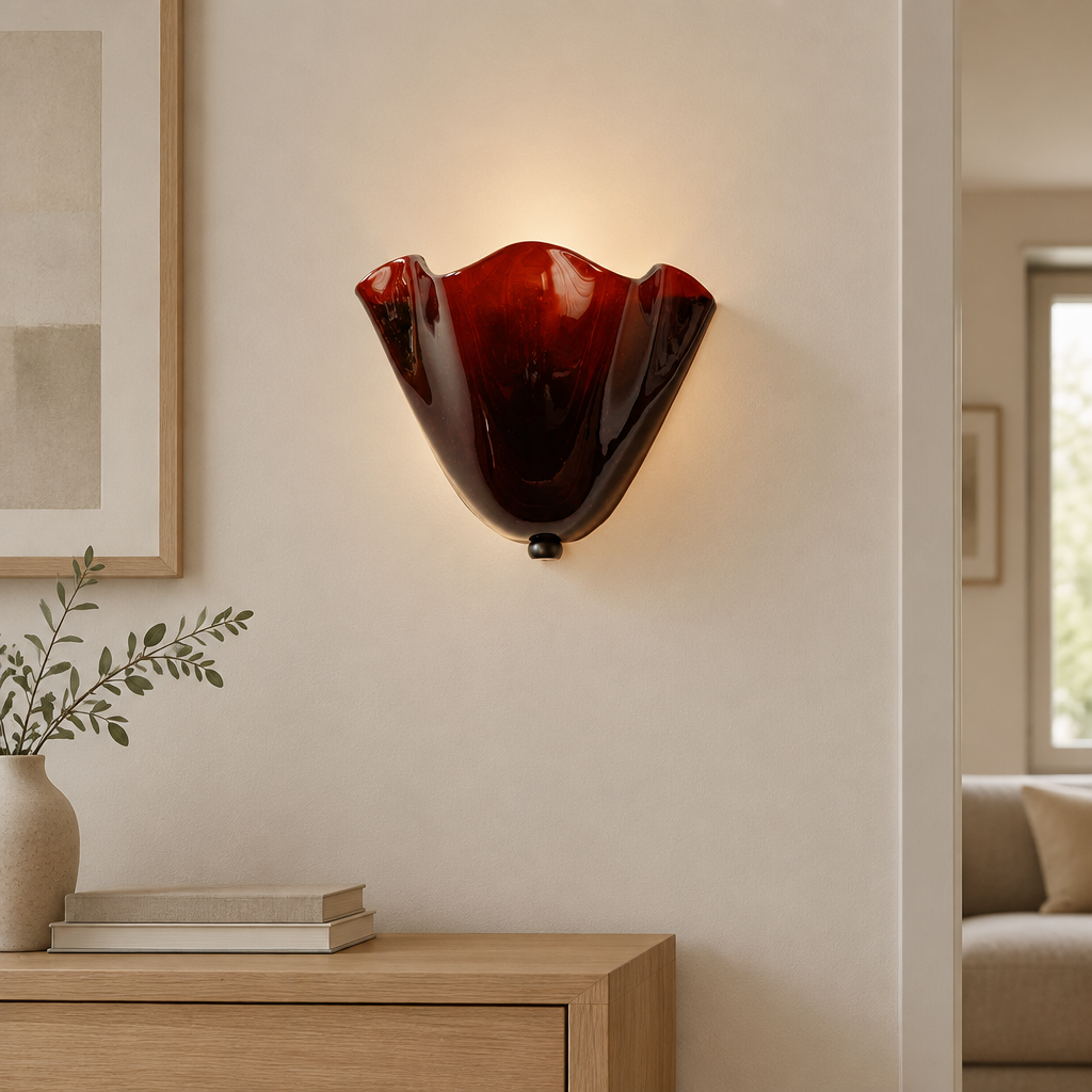 Drel burgundy tulip glass wall sconce, modern British interior