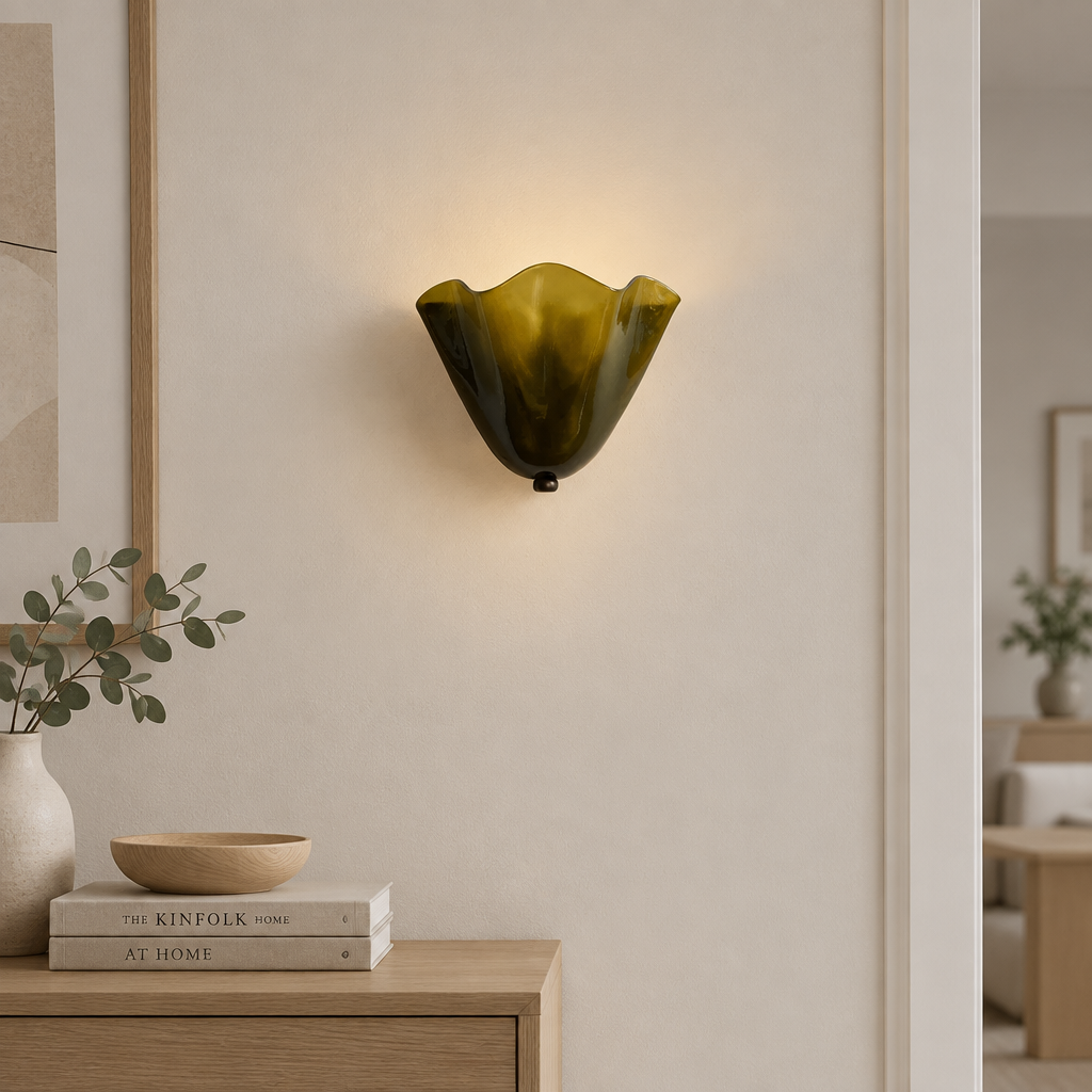 Drel green tulip glass wall sconce, modern British hallway