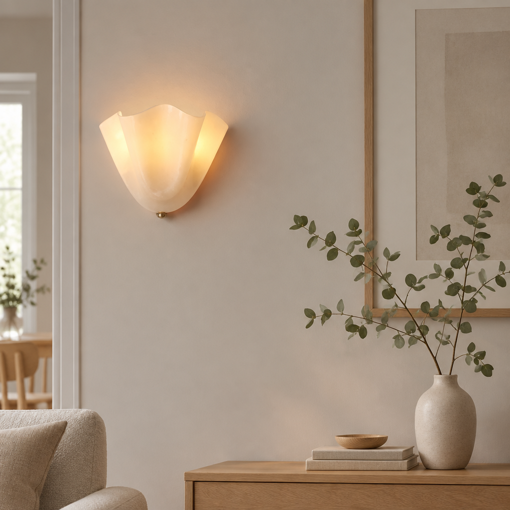 Drel white tulip glass wall sconce, modern British hallway