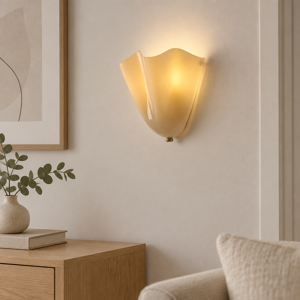 Drel white tulip glass wall sconce, modern British living room