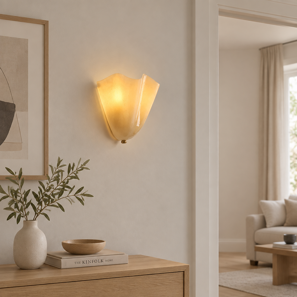 Drel white tulip glass wall sconce, modern British living room