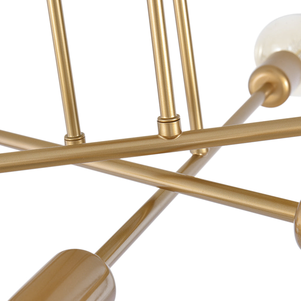 Close-up of the high-quality brass intersecting arms on the mid-century dubce Sputnik chandelier