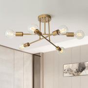 Modern dubce 6-light brass Sputnik chandelier acting as a stunning semi-flush mount centrepiece in a contemporary room