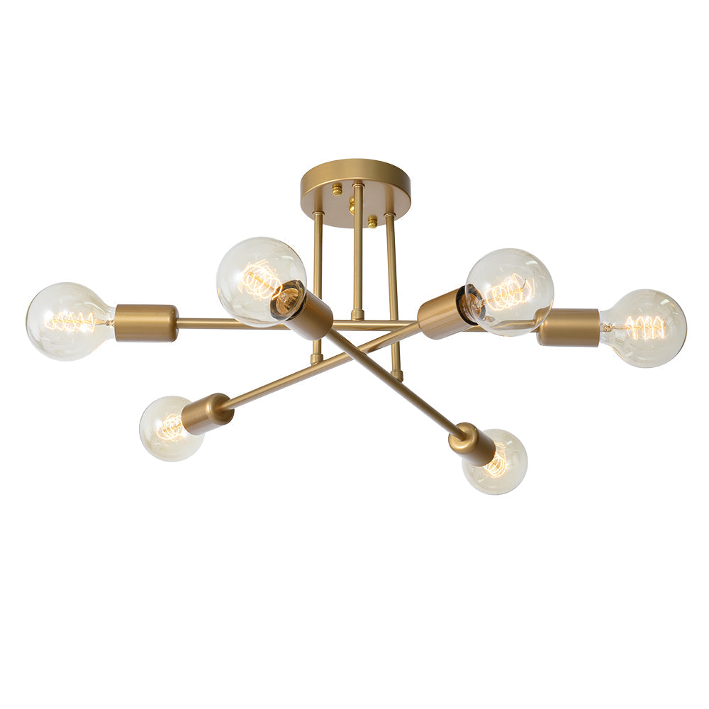 Isolated view of the modern brass dubce Sputnik fixture showcasing its sleek, intersecting 6-light design