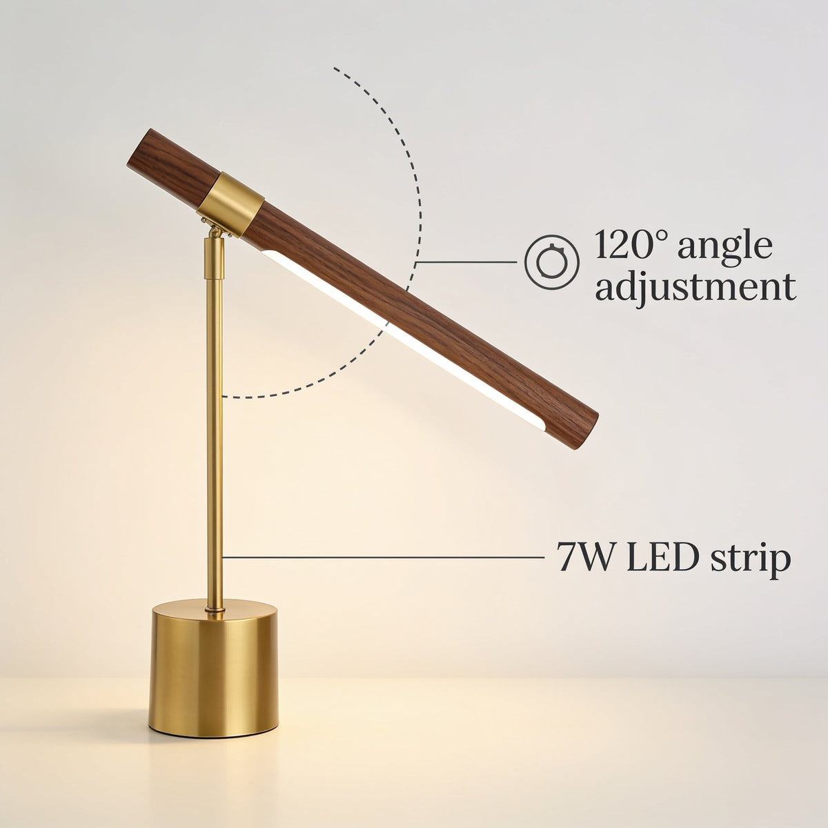 Elkon desk lamp infographic showing the light bar tilting through a 120 degree angle adjustment with a 7W LED strip