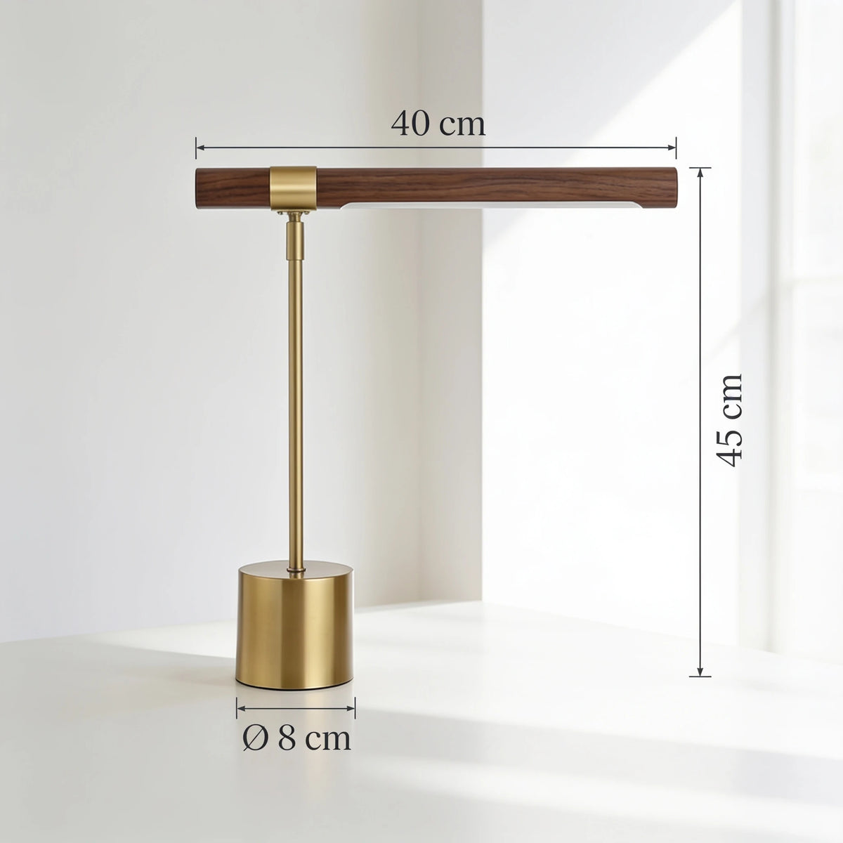 Elkon desk lamp dimensions infographic showing 40cm width, 45cm height and 8cm base diameter