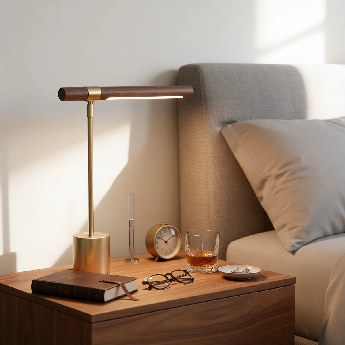 Elkon walnut and brass desk lamp on a bedside table with a notebook, clock and glasses