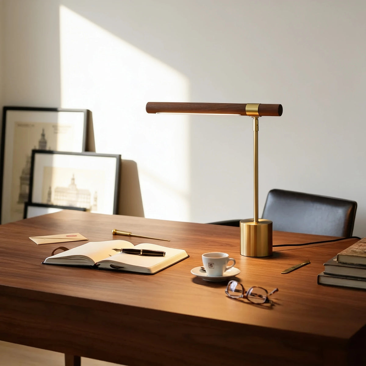 Elkon walnut and brass LED desk lamp on a work desk beside a notebook and coffee cup