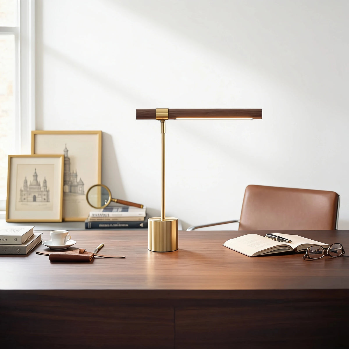Elkon walnut and brass T-bar LED desk lamp on a dark wood desk in a bright minimalist room