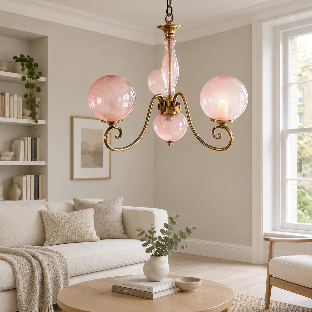 Elur brass-finish iron chandelier, 3+1 globes, Blush Pink hand-blown glass, in a modern British minimalist living room