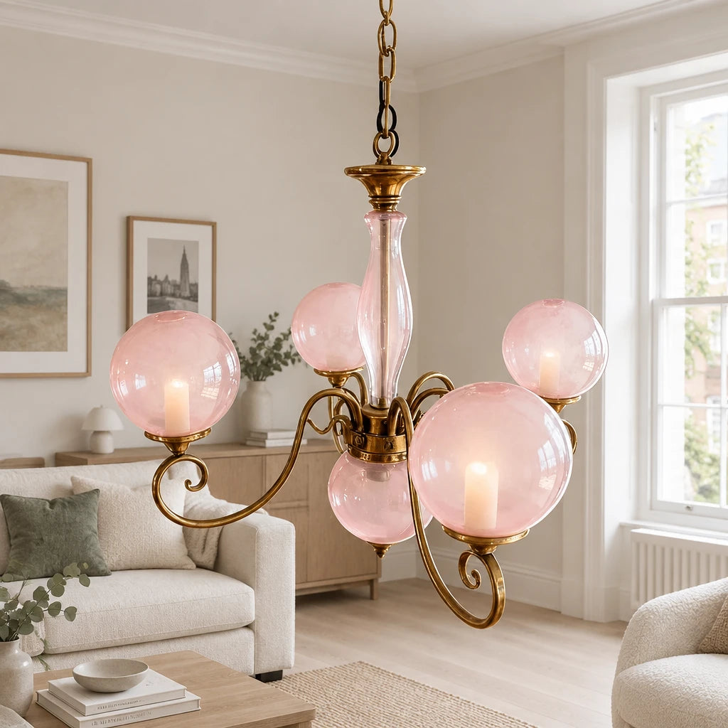 Elur brass-finish iron chandelier, 4+1 globes, Blush Pink hand-blown glass, in a modern British minimalist living room