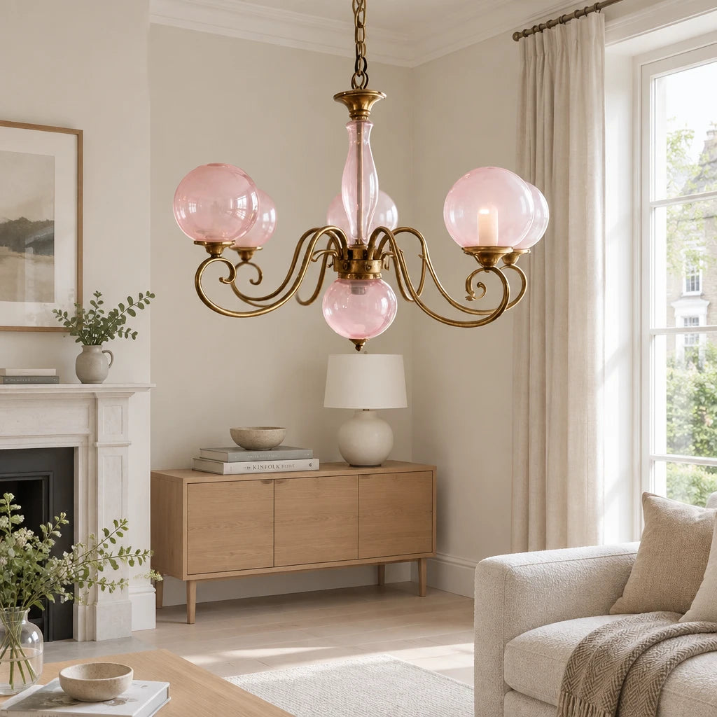 Elur brass-finish iron chandelier, 5+1 globes, Blush Pink hand-blown glass, in a modern British minimalist living room