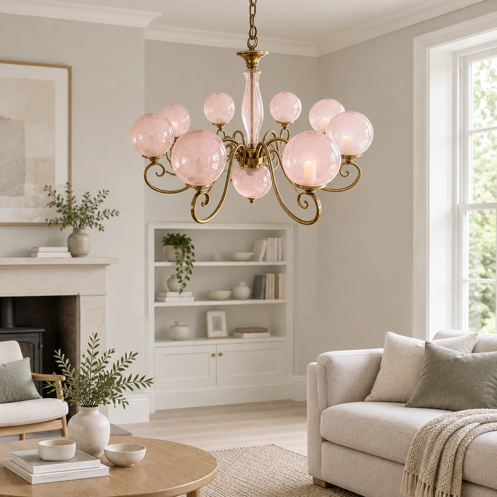 Elur brass-finish iron chandelier, 8+1 globes, Blush Pink hand-blown glass, in a modern British minimalist living room