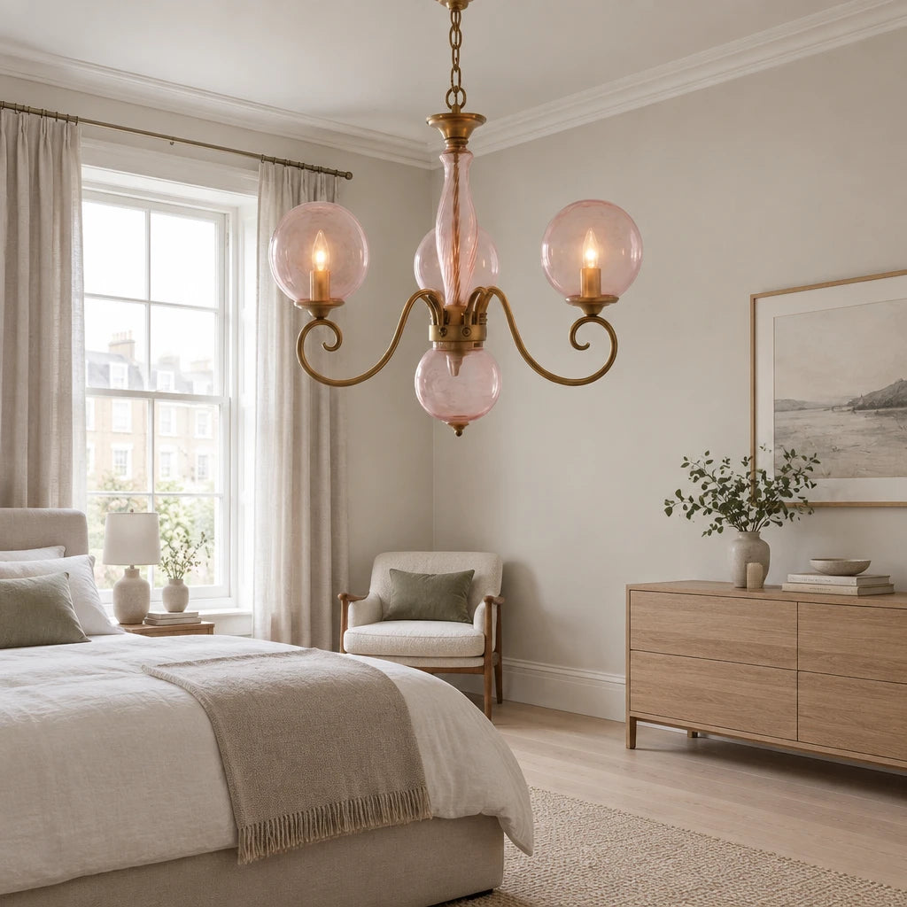 Elur brass-finish iron chandelier with Blush Pink glass globes in a modern British minimalist bedroom