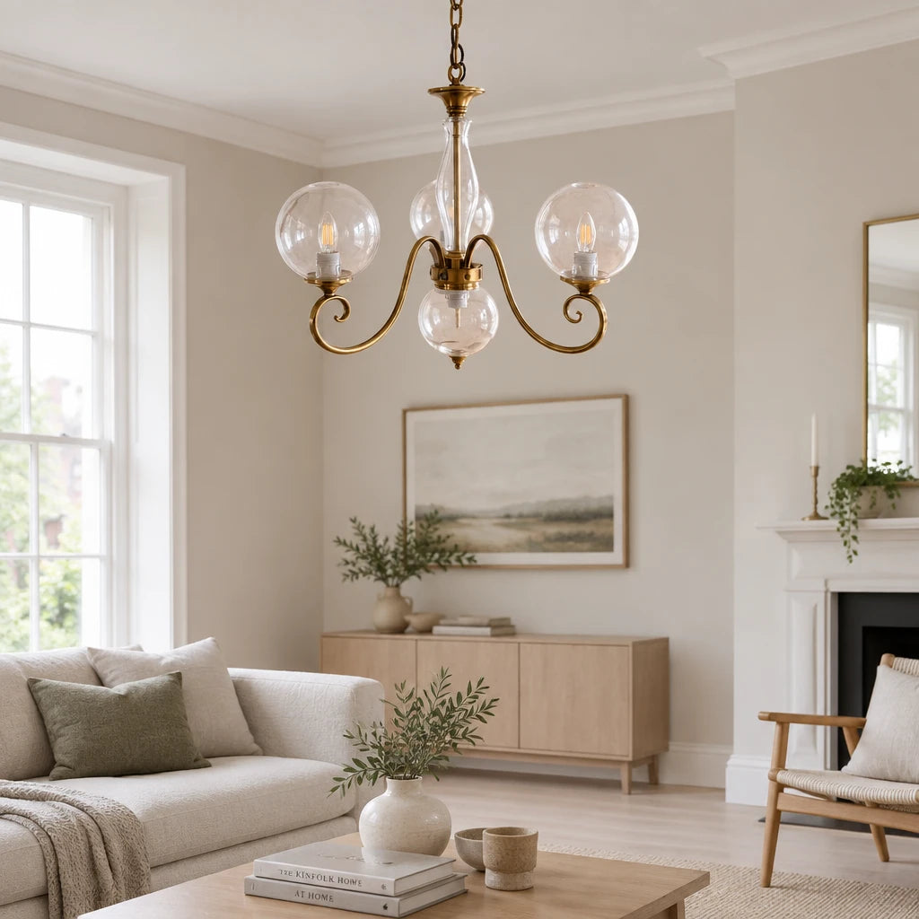 Elur brass-finish iron chandelier, 3+1 globes, Clear hand-blown glass, in a modern British minimalist living room