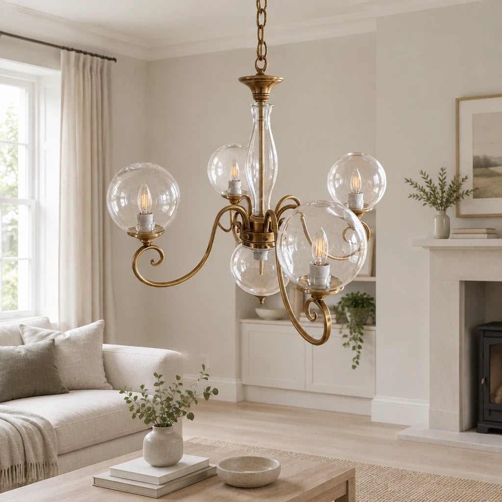 Elur brass-finish iron chandelier, 4+1 globes, Clear hand-blown glass, in a modern British minimalist living room