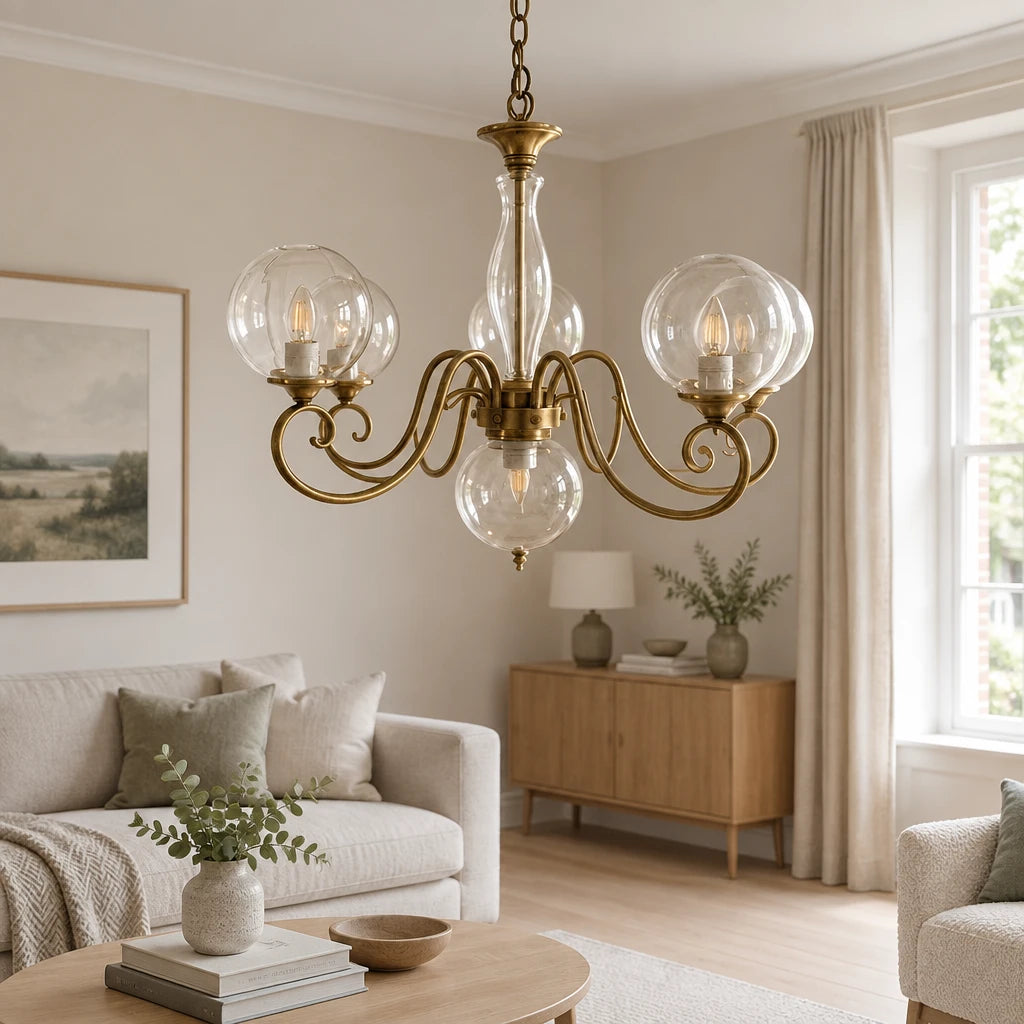 Elur brass-finish iron chandelier, 5+1 globes, Clear hand-blown glass, in a modern British minimalist living room