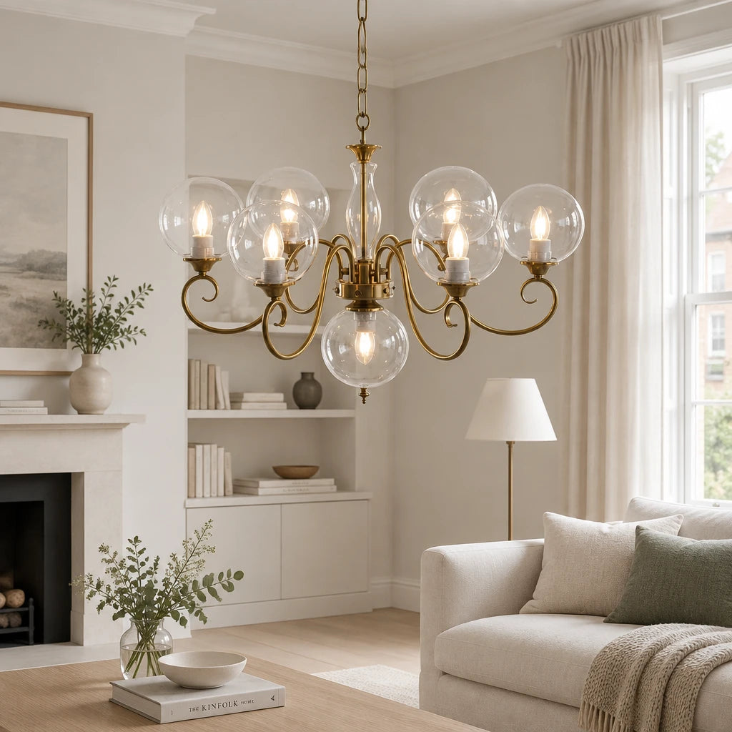 Elur brass-finish iron chandelier, 6+1 globes, Clear hand-blown glass, in a modern British minimalist living room
