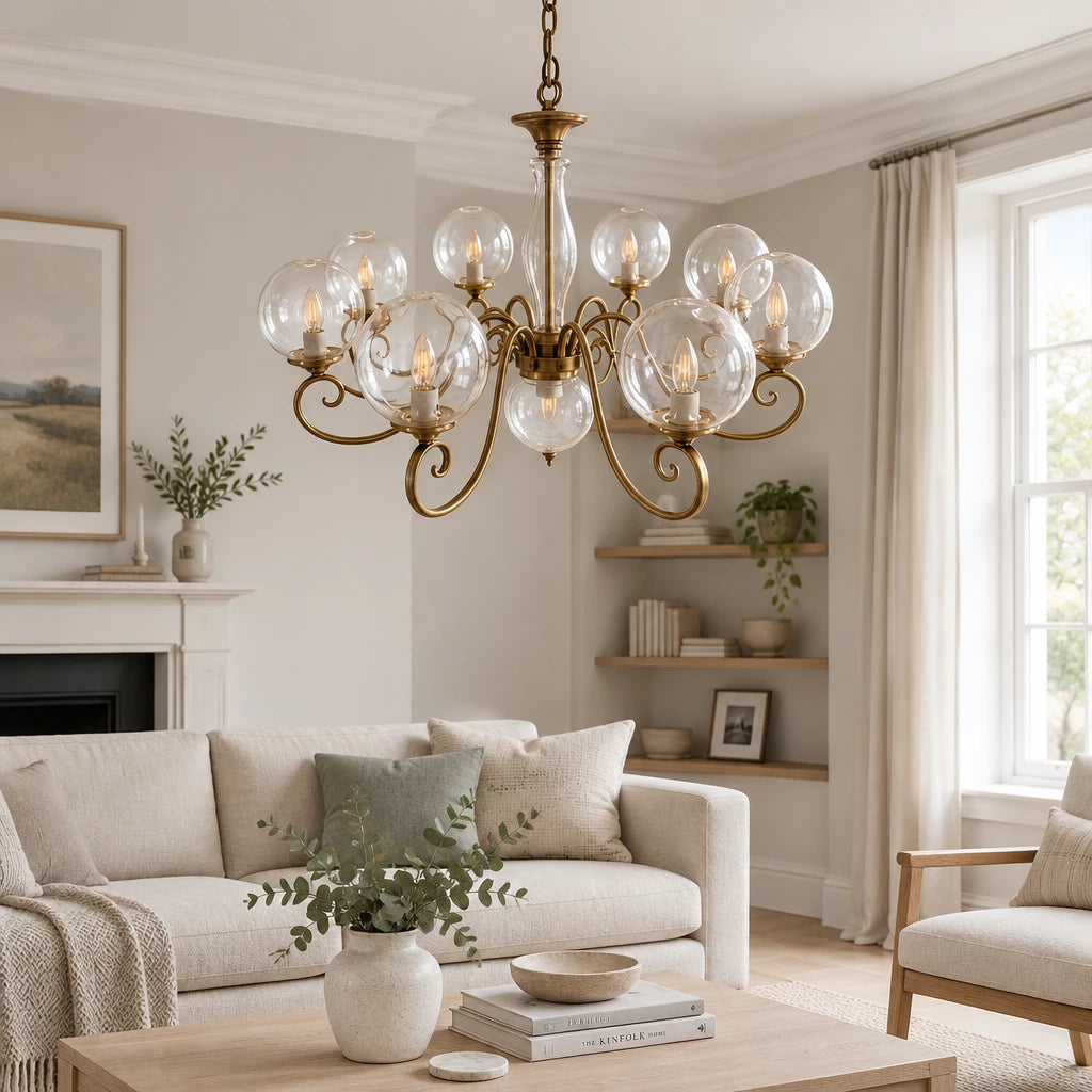 Elur brass-finish iron chandelier, 8+1 globes, Clear hand-blown glass, in a modern British minimalist living room